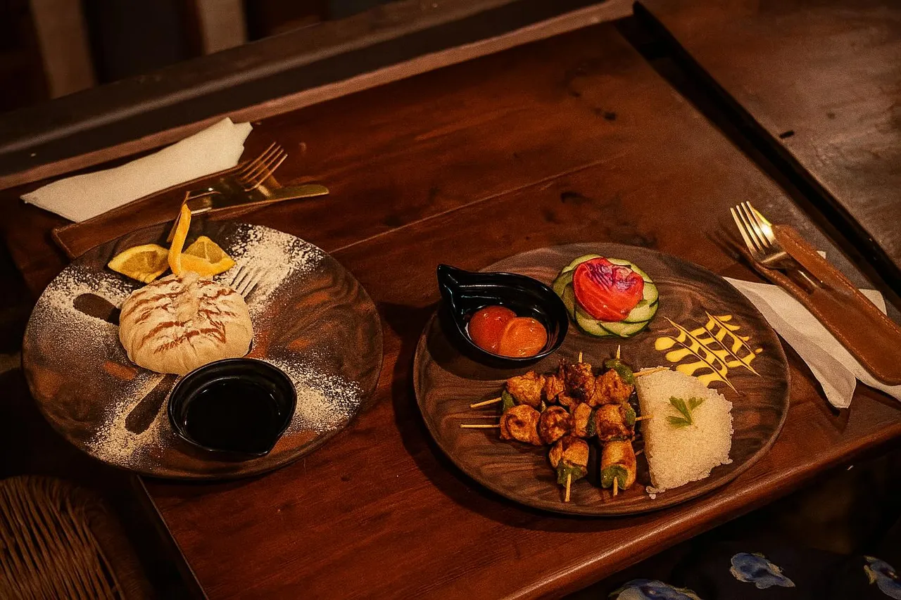 Chicken skewers and couscous plated on a board