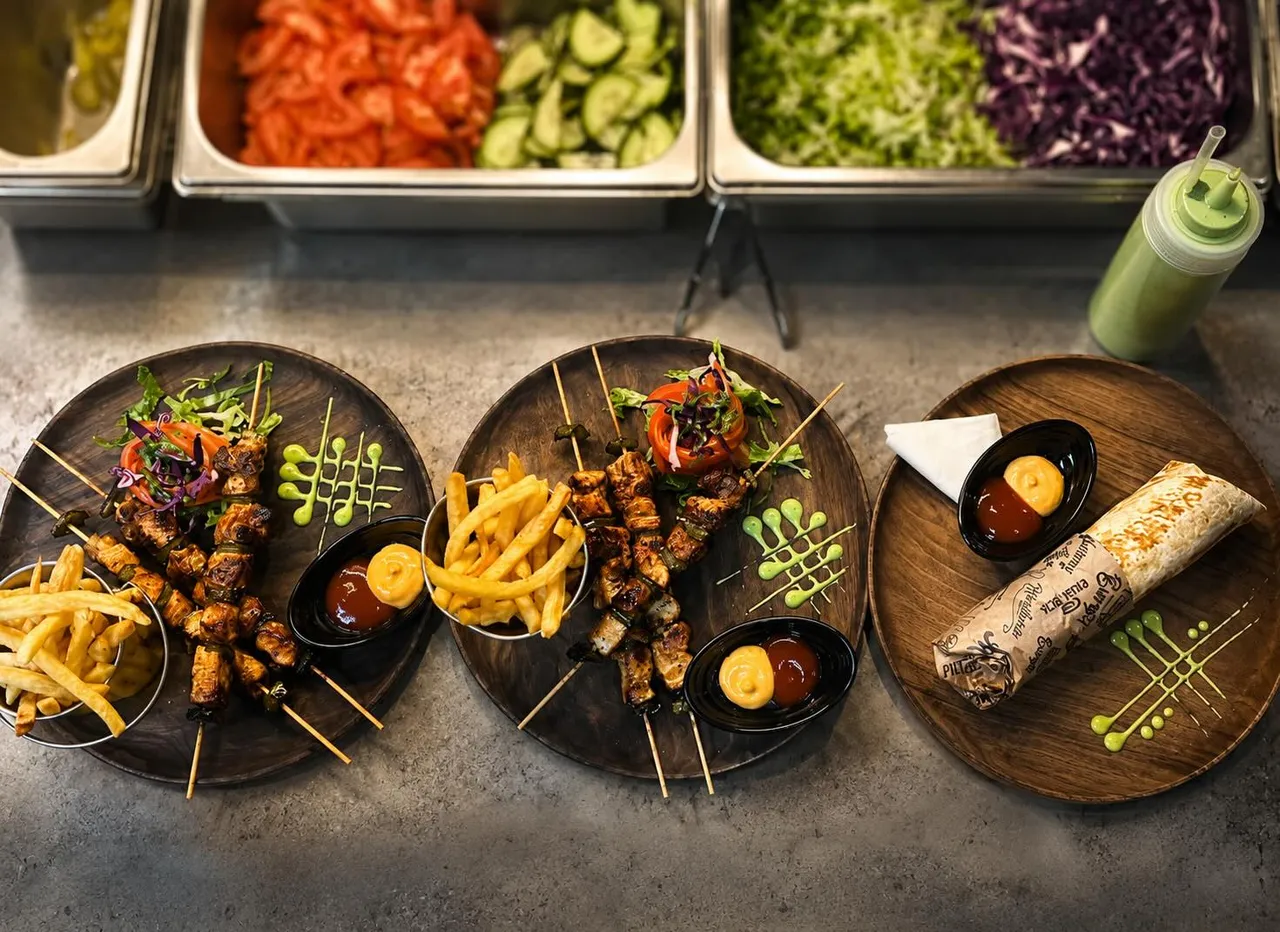 Skewers, tacos and fries